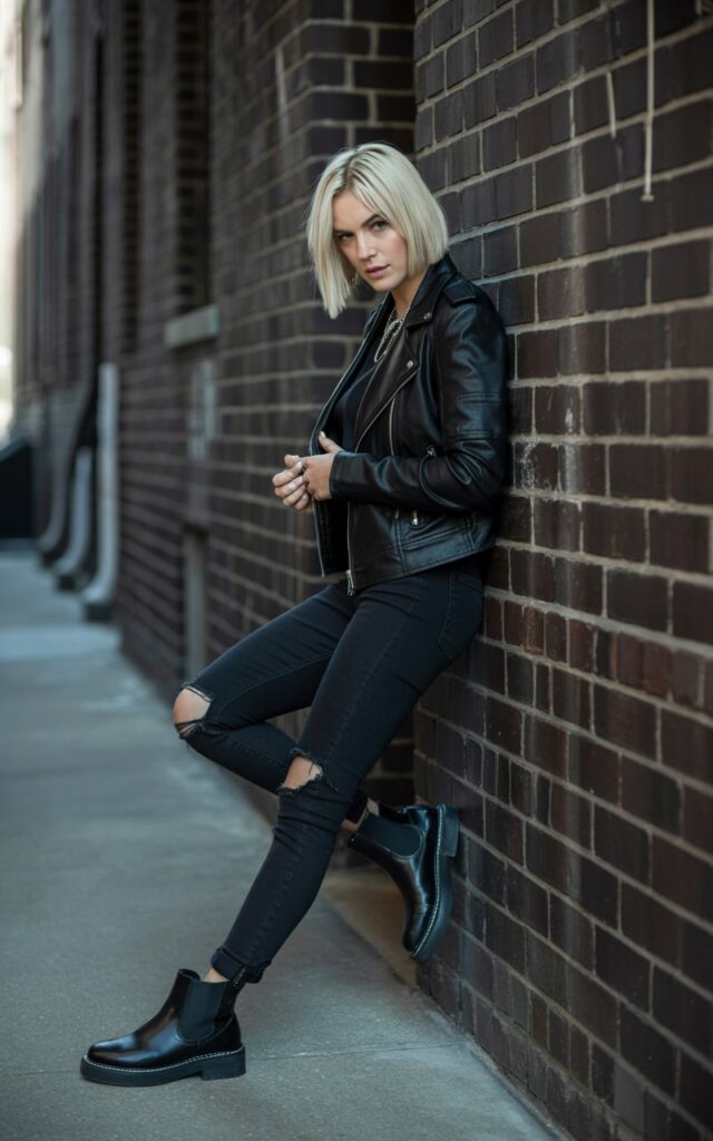 Model with platinum blonde bob, in a fitted moto jacket, ripped black jeans, and Chelsea boots. Shot against an urban brick alley, moody daylight shadows. She’s leaning against the wall with fierce, confident expression.