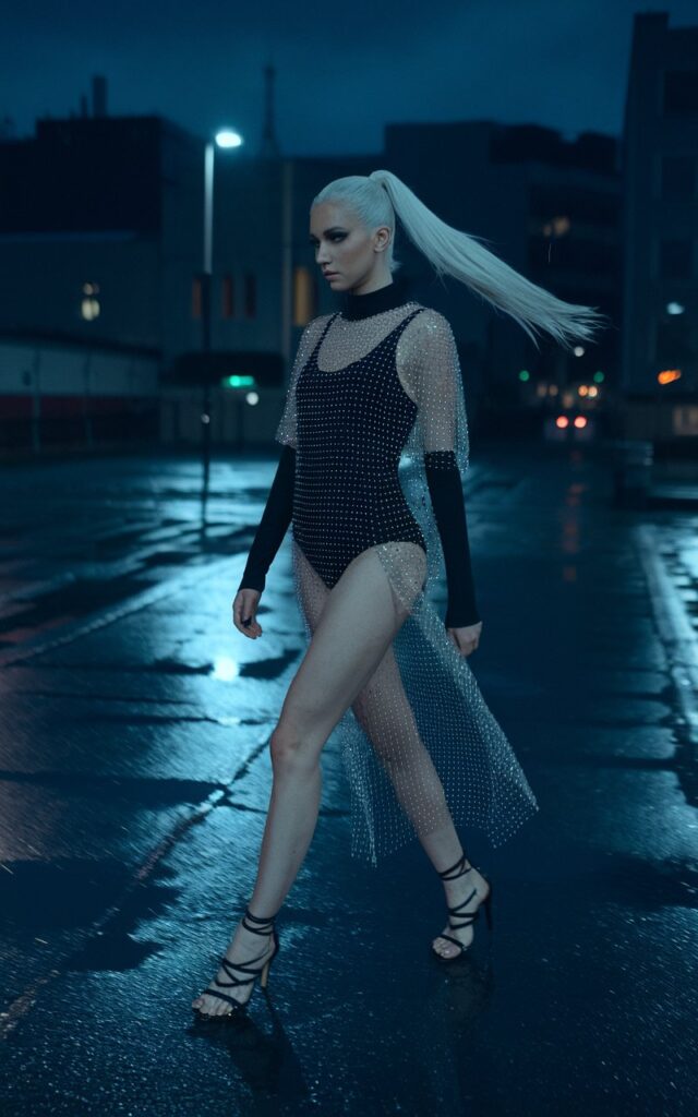 Model with platinum blonde ponytail, wearing a black bodysuit under a rhinestone mesh overlay dress, styled with strappy heels. Urban street at night, wet pavement reflecting streetlights. She’s walking confidently toward the camera, serious, fierce gaze.