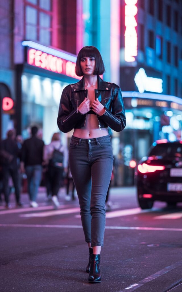 Model with sleek black bob haircut, wearing a cropped black leather jacket, fitted skinny jeans, and ankle boots. Shot in a dimly lit city street at night with neon lights. She’s walking confidently, holding her jacket collar with attitude.