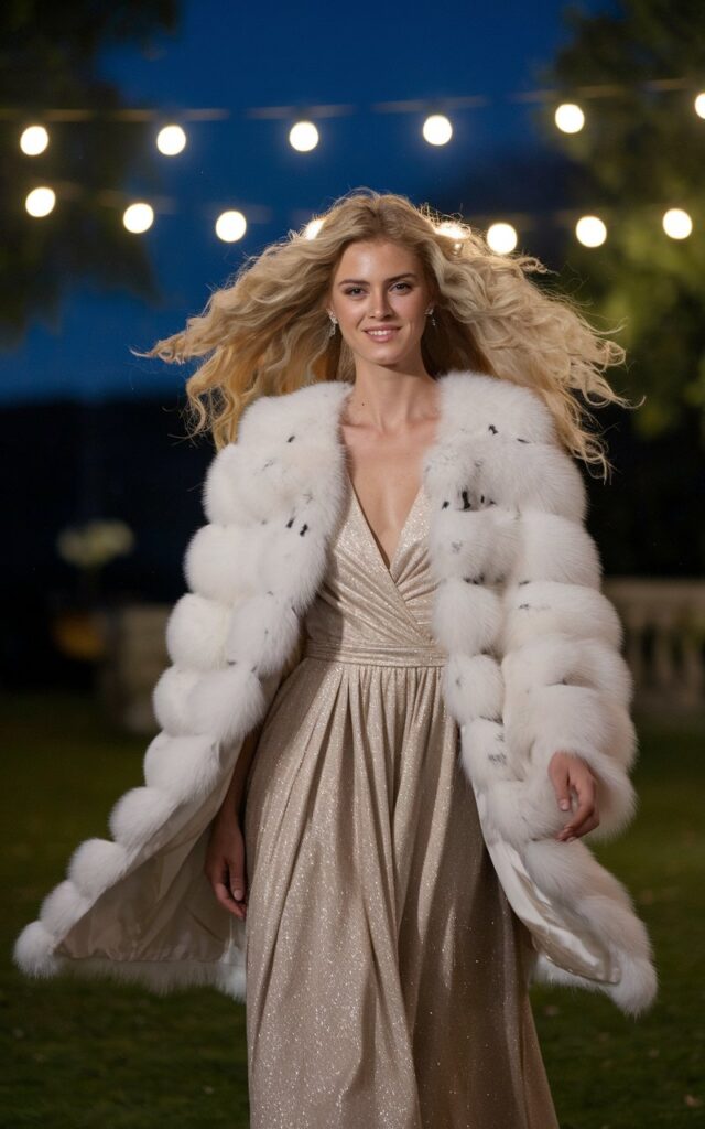 Model with voluminous blonde curls, wearing a white faux fur coat draped over a champagne shimmery gown. Evening outdoor setting under fairy lights. She’s walking forward gracefully, coat flowing, elegant smile.