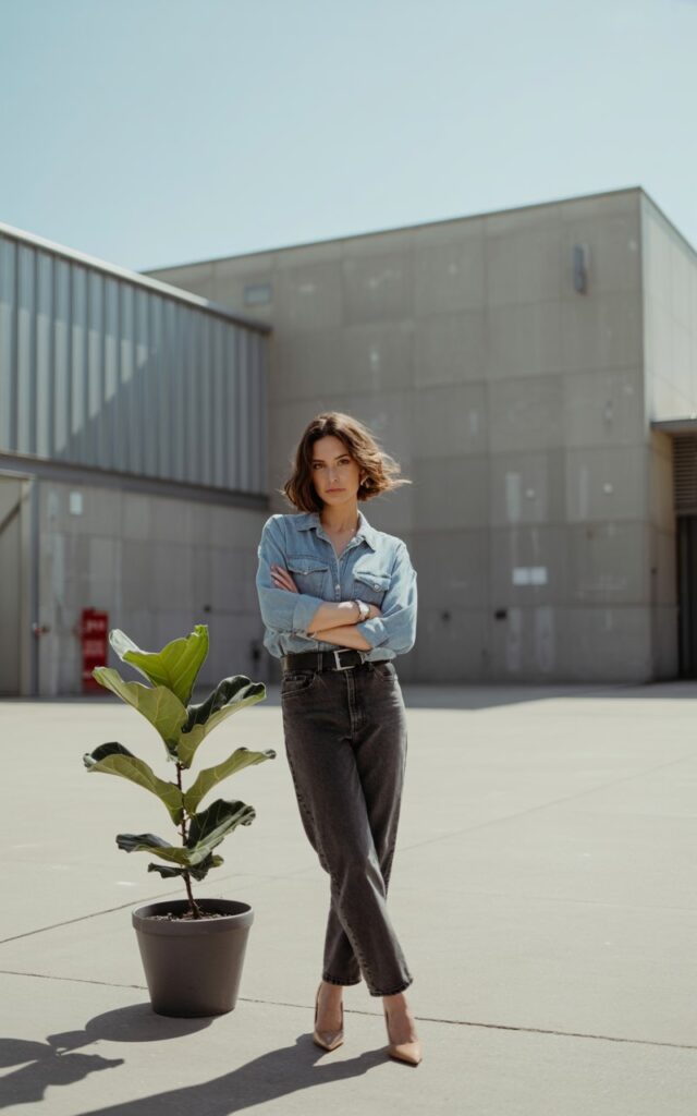 Modern warehouse backdrop. Model in a light-wash denim shirt tucked into darker high-waisted jeans, cinched with a sleek leather belt. Nude pumps, hair styled in loose waves. Bright daylight. She stands arms crossed, expression sharp yet approachable.