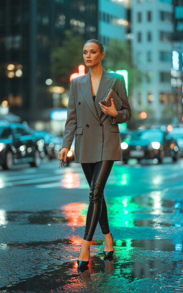 Moody urban street at night. Model wears a tailored gray double-breasted blazer over black leather leggings, pointed heels, and a structured clutch. Hair slicked back, glowing skin. Neon reflections on the wet pavement. She strides forward, powerful and commanding.