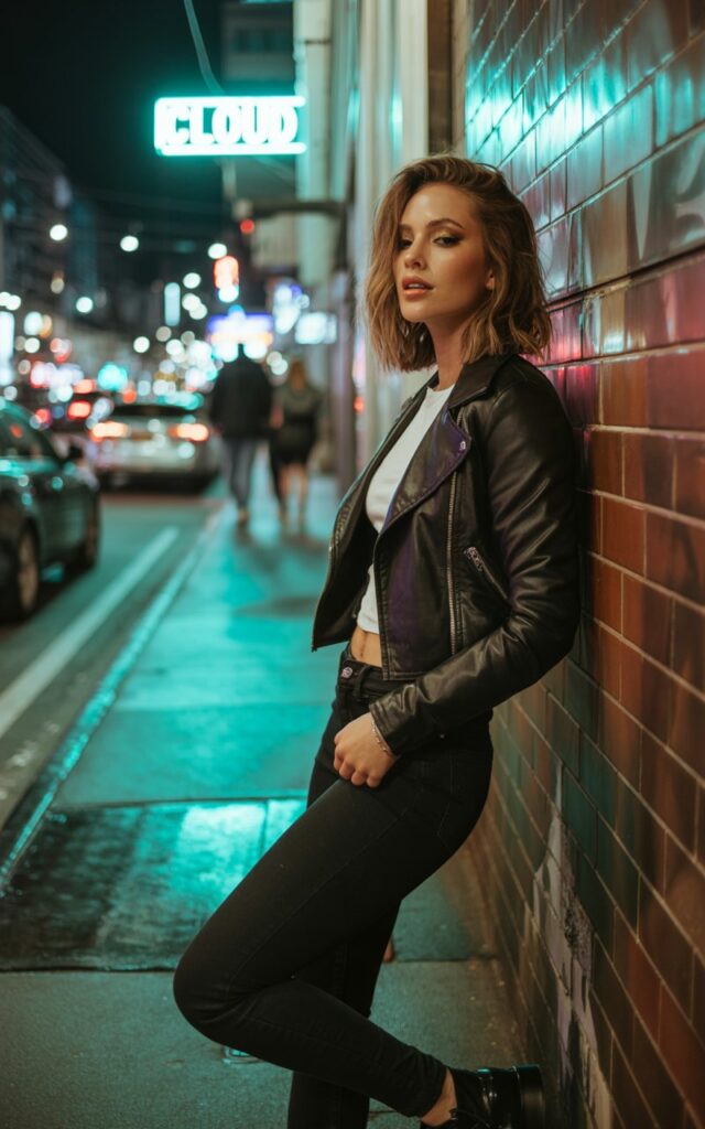 Night street scene with neon lights. Model in a cropped black moto jacket over a fitted white tee, paired with black skinny jeans and combat boots. Smokey makeup, tousled hair. She leans against a brick wall, intense gaze, confident and fierce.