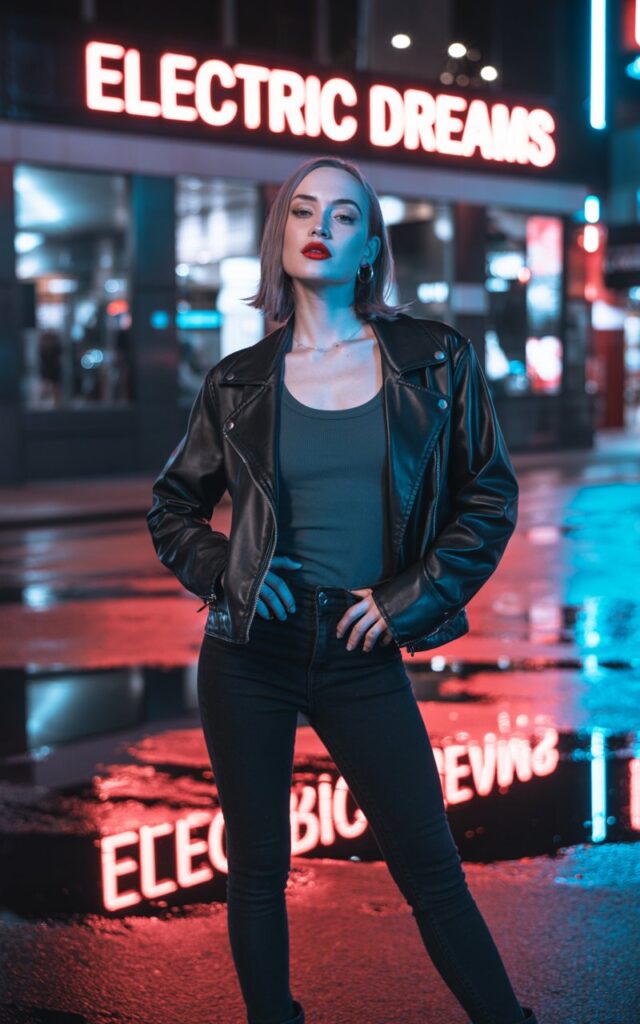 Nighttime city street with neon lights. She wears a black faux leather biker jacket over a fitted tank, black skinny jeans, and heeled ankle boots. Hair sleek and straight, closed mouth light smile with red lipstick bold. She’s standing confidently under a glowing sign, hands on hips.