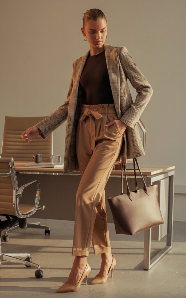 Office-inspired setting. Model in a black fitted bodysuit tucked into tan paperbag-waist trousers, nude pumps, and a structured tote. Hair slicked back into a bun. Natural daylight streaming in. She stands tall beside a desk, confident and sleek.
