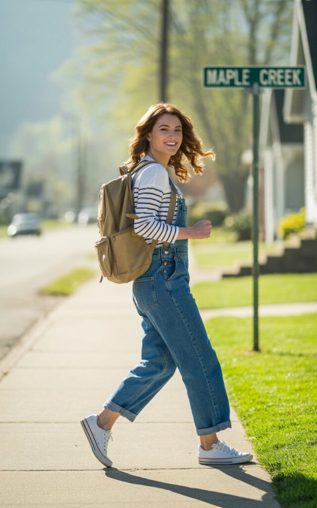Outdoor full-body shot on a quiet suburban sidewalk with soft morning light. The model wears a white and navy striped long-sleeve shirt under denim overalls, paired with pristine white sneakers. Her hair is in loose beach waves, and she carries a canvas backpack. Her stance is playful, with one foot tapping forward, eyes sparkling as she smiles at the camera.