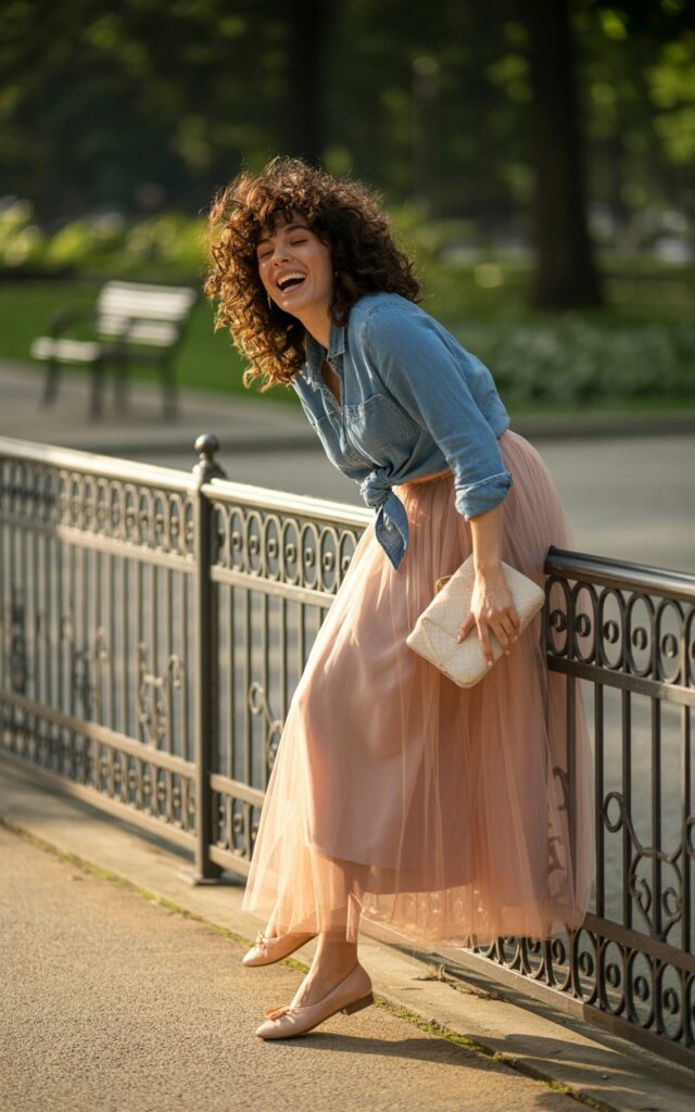 Outdoor park photo in soft golden hour light. A petite brunette with curly hair wears a blush-pink tulle maxi skirt with a tied chambray denim shirt, ballet flats, and a small clutch. She’s leaning against a railing, laughing candidly. The textures feel whimsical yet grounded.