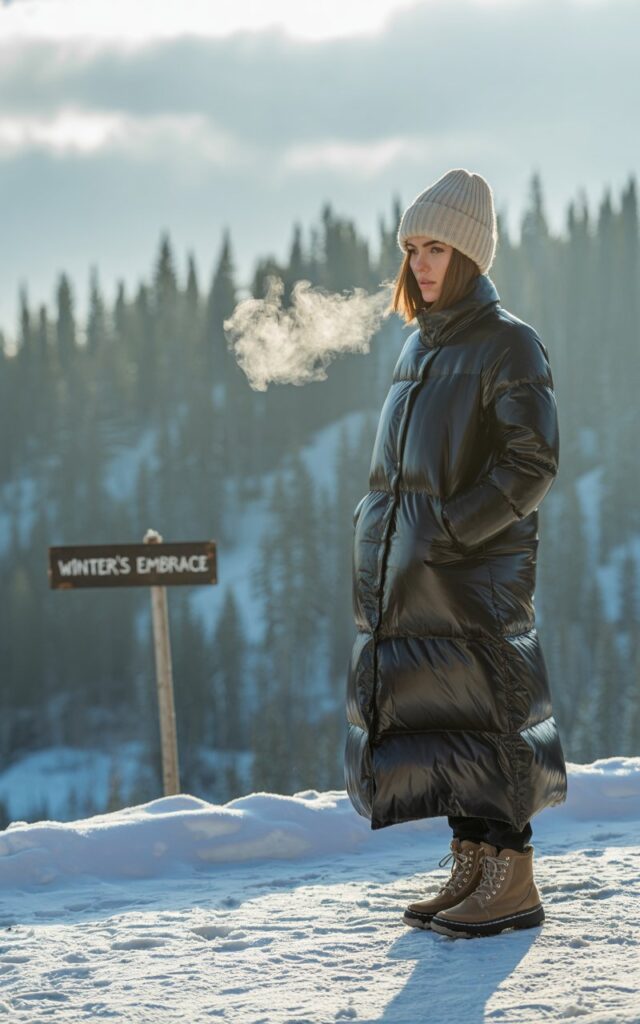 Outdoor winter trail. Model in a long black puffer coat, chunky knit beanie, gloves, and snow boots. Soft cloudy light, snow-covered trees in background. Hair tucked under beanie. Pose standing confidently, exhaling frosty breath.