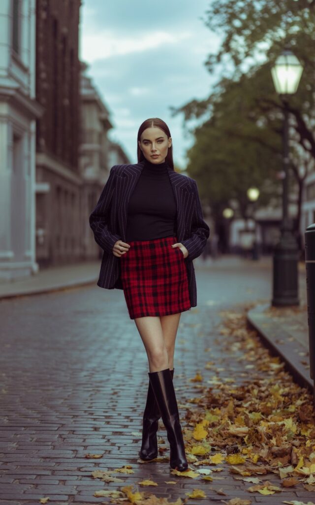 Pale-skinned brunette model with sleek straight hair and bold brows, wearing a red plaid mini skirt, fitted black turtleneck, and black leather knee-high boots. Shot on a cobblestone city street with autumn leaves, soft cloudy daylight. She’s standing tall, hands in pockets, looking directly at camera with a chic, polished expression.
