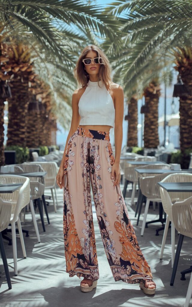 Palm-lined outdoor café. Model wears a white cropped halter top with flowy high-waisted palazzo pants in a bold print, paired with wedge sandals. Oversized sunglasses, hair loose and voluminous. Natural bright daylight. She stands with one hand on her hip, chic and carefree.