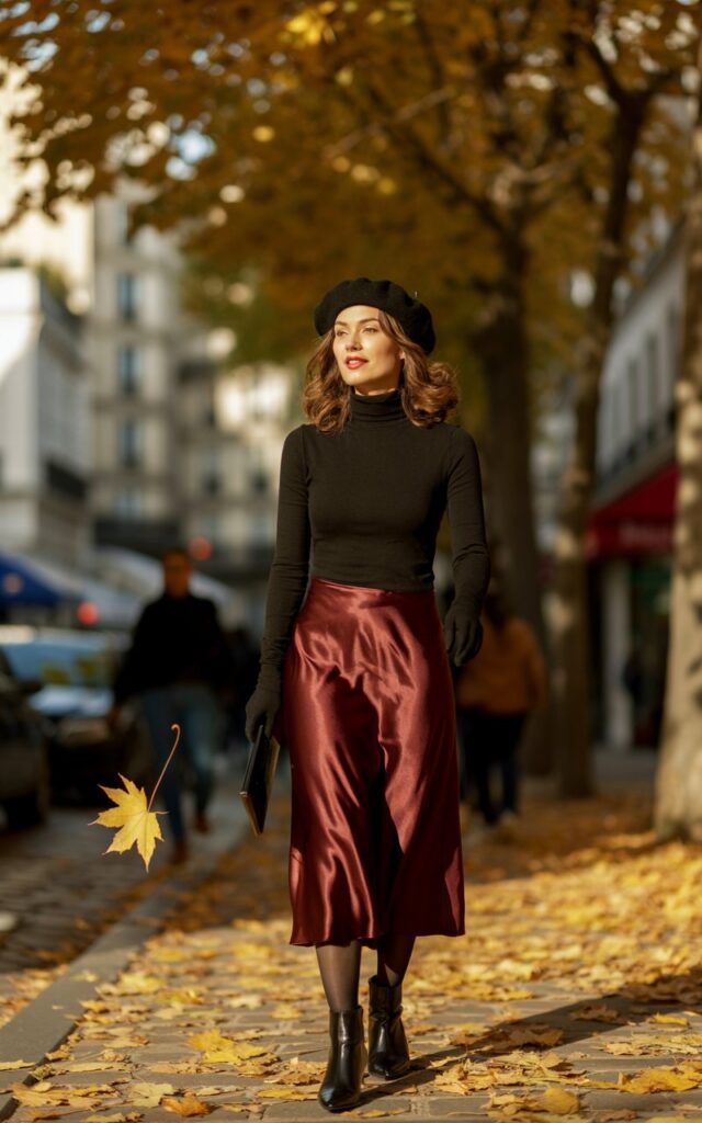 Parisian street in autumn. Model wears a fitted black turtleneck under a satin burgundy midi dress, with black ankle boots and a beret. Hair in loose waves. She strolls casually under falling leaves, soft golden daylight filtering through trees.