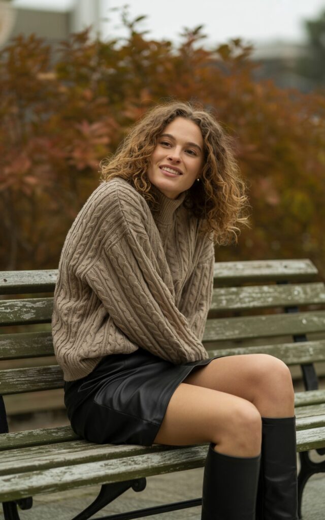 Park bench scene. Model wears an oversized oatmeal cable-knit sweater with a black leather mini skirt and knee-high boots. Hair down, natural waves. Overcast daylight with soft shadows. She sits cross-legged, smiling playfully at the camera.