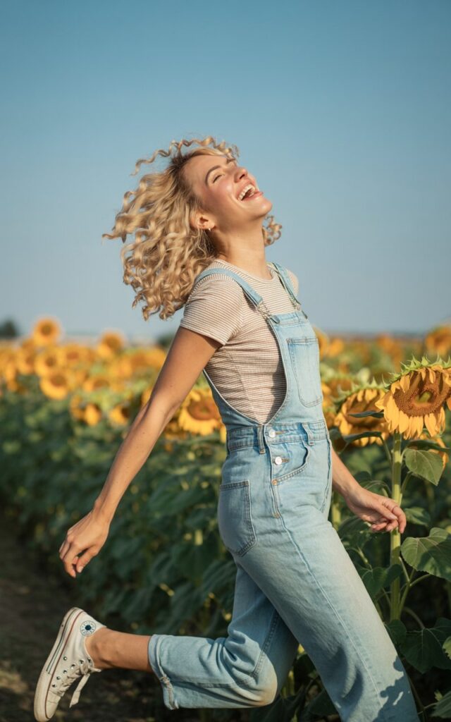 Playful blonde with curly hair, in denim overalls, striped fitted tee, and Converse sneakers. Shot in a sunflower field, natural daylight. She’s laughing mid-step, carefree vibe.