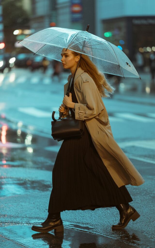 Rainy-day street photo. A pale-skinned brunette wears a beige trench coat layered over a black maxi skirt with ankle boots and a structured handbag. She’s holding a transparent umbrella, walking confidently across the street. The wet pavement reflects city lights for cinematic vibes.
