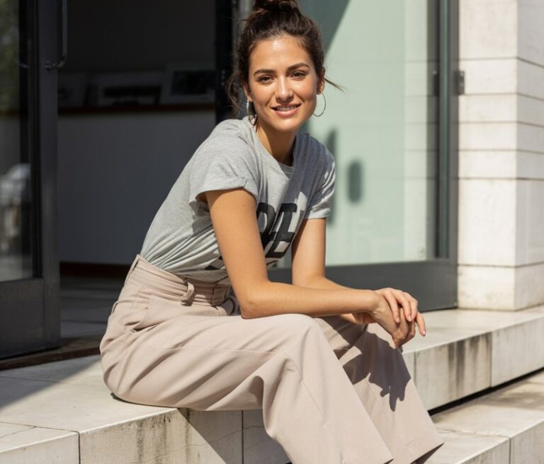 Relaxed-fit graphic tee tucked into high-waisted beige paperbag trousers, paired with white slip-on sneakers. The model is sitting casually on stone steps outside a gallery. Natural daylight creates crisp shadows. Her hair is tied in a low messy bun, smiling effortlessly at the camera.