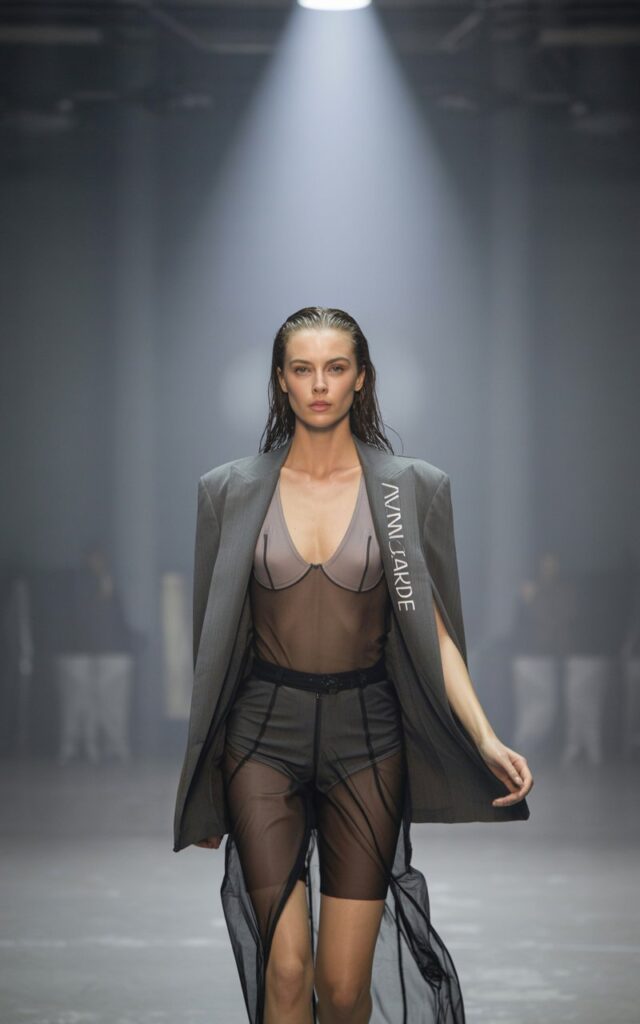 Runway-style editorial indoors with spotlight lighting. A white-skinned model with wet-look hair wears a sheer black overlay skirt over high-waist shorts, paired with a structured statement bralette and blazer draped over shoulders. She stands confidently mid-walk, gaze straight ahead.