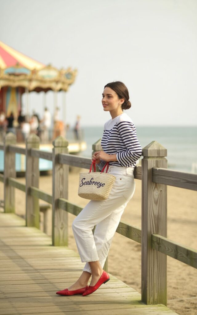 Seaside boardwalk. Model in a navy Breton stripe top with crisp white jeans, red flats, and a small woven tote. Hair in a low bun, natural makeup. Breezy daylight. She leans against the railing, soft smile, relaxed vacation mood.