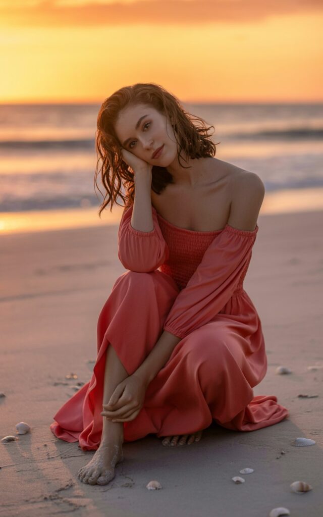 Set against a serene beach at sunset, the model wears a coral off-the-shoulder dress with ruched details along the sleeves and neckline. Her hair is tousled in loose waves, and she’s barefoot in the sand. The warm golden light caresses her skin, giving her a radiant glow. She leans back slightly, smiling softly, exuding playful elegance without overthinking. No jewelry is visible, allowing the fabric to shine.