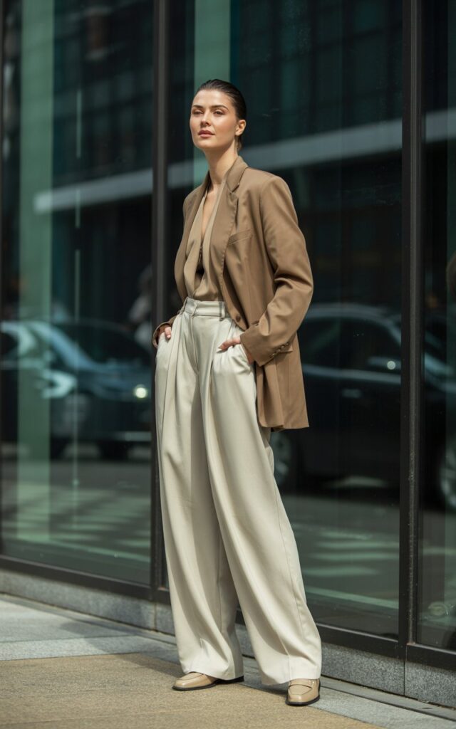 Sharp-featured model with slicked-back hair in a camel oversized blazer, cream wide-leg trousers, and loafers. Shot outside a glass office building, crisp morning light. She stands tall with hands in pockets, projecting confidence.