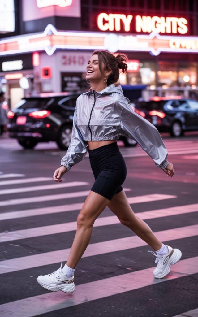 Shot at night on a city crosswalk under glowing neon signs. Model wears a cropped silver reflective windbreaker, black bike shorts, and chunky platform sneakers. Lighting catches the reflective fabric perfectly. She’s mid-walk across the street, hair in a messy bun, laughing candidly. The mood feels sporty, cool, and street-style ready.