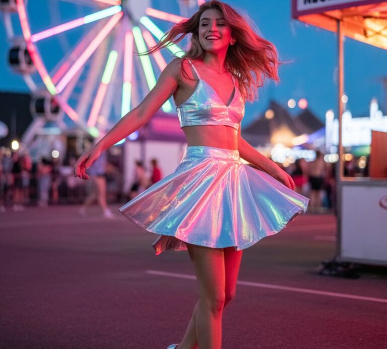 Shot at twilight outdoors in front of a glowing Ferris wheel. White-skinned model wears a matching holographic bralette and high-waisted mini skirt with silver heels. She twirls playfully so the holographic fabric catches the lights. Long wavy hair bounces mid-motion, soft pink makeup enhances her glow. Radiant and futuristic festival vibes.