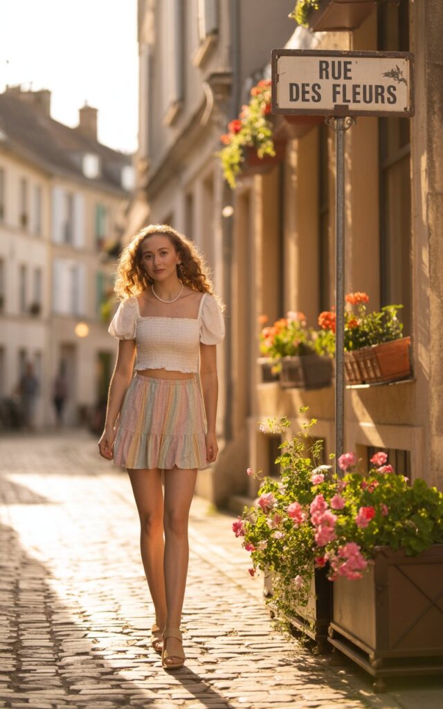 Shot in a cobblestone street in a historic town at sunset. Model wears a smocked white crop top with a pastel ruffled skirt and tan sandals. Hair styled in half-up soft curls. She walks toward the camera with a dreamy expression.