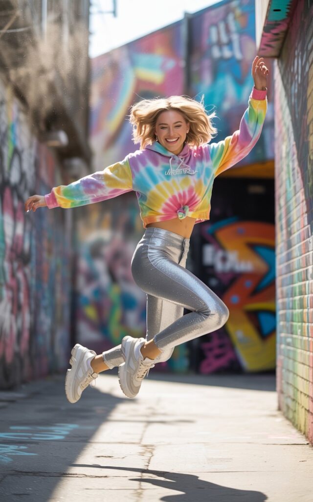 Shot in a colorful graffiti alley during daytime. Model wears a rainbow tie-dye cropped hoodie with high-waisted glittery silver leggings and chunky sneakers. She poses playfully mid-jump, laughing with her arms thrown out. Hair is styled in messy space buns, natural glowing skin. Fun, carefree, and festival-friendly.