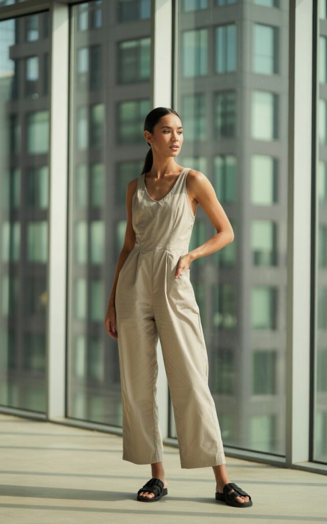 Shot in a minimalist loft space with floor-to-ceiling windows. Model wears a beige sleeveless cotton jumpsuit with black slide sandals. Hair in a sleek low ponytail. Natural window light highlighting fabric texture. She stands tall with one hand on her hip, confident and chic.