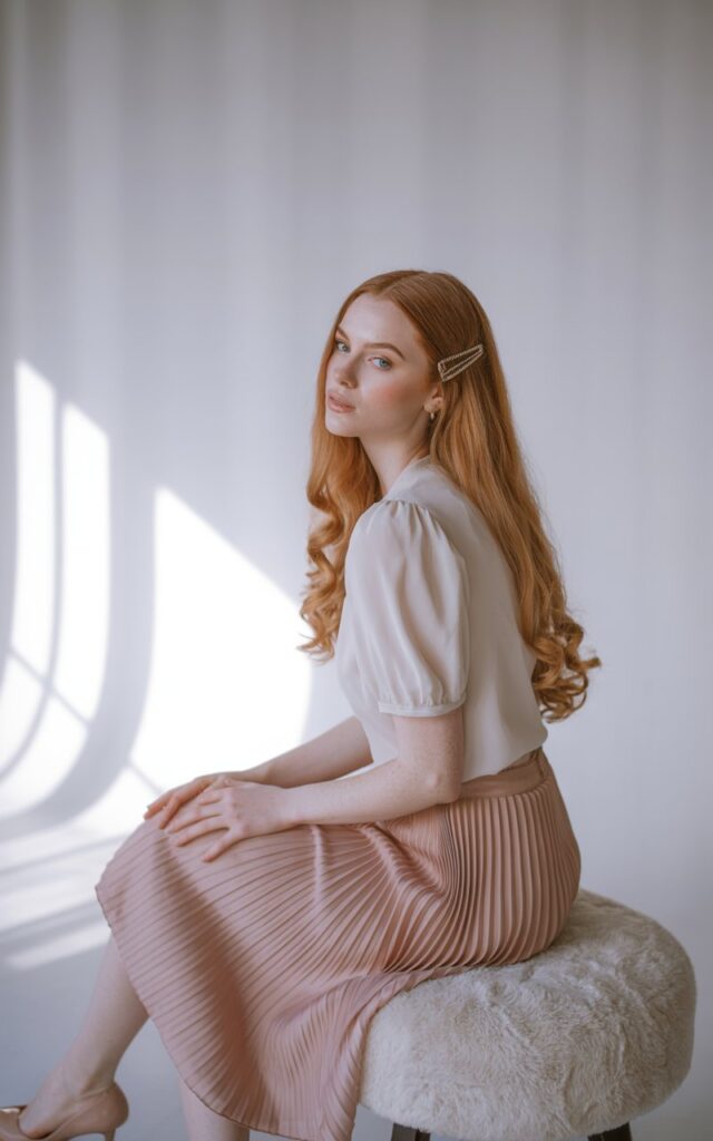 Slender fair-skinned model with long auburn hair in soft curls, wearing a blush pink pleated midi skirt, tucked white puff-sleeve blouse, and nude heels. Studio background with soft window light streaming in. She’s seated gracefully on a stool, hands resting on her lap, dreamy expression.