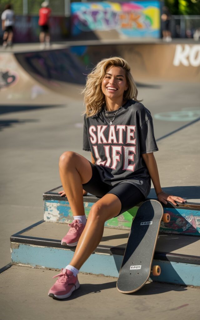 Sporty blonde with tousled waves, biker shorts, oversized graphic tee, and running sneakers. Shot in a bright skatepark, midday light. She’s sitting casually on concrete steps, playful grin.