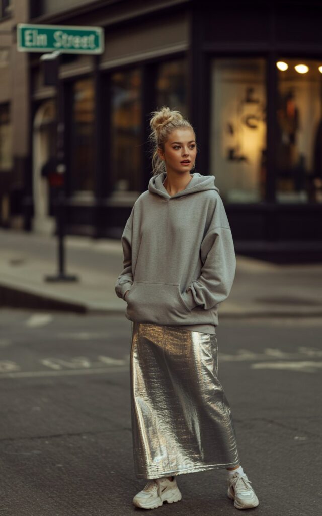 Street corner photo at dusk. A white-skinned blonde wears a shiny silver metallic maxi skirt paired with a grey oversized hoodie and chunky sneakers. Hair is in a messy bun, makeup minimal. She’s standing casually with hands in hoodie pocket, looking candid.