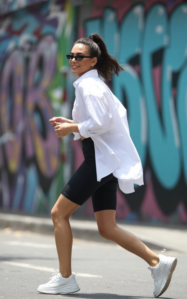 Street-style scene in front of graffiti walls, bright daylight. She wears an oversized crisp white button-down half-tucked into black biker shorts, chunky sneakers, and black sunglasses. Hair sleek in a ponytail. She’s mid-stride, looking over her shoulder.