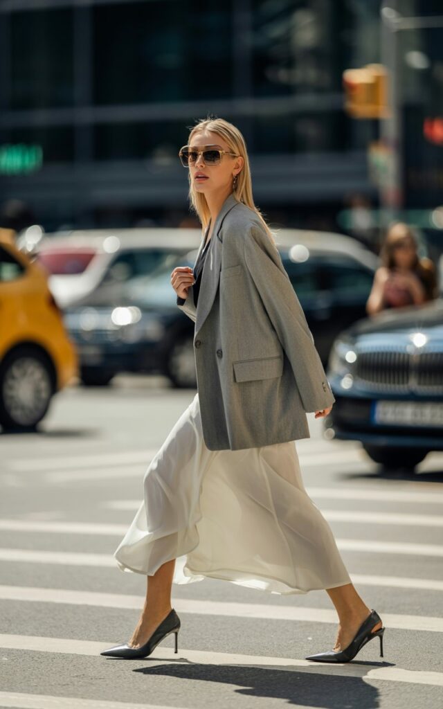 Street style shot in an urban setting. A tall blonde model wears a light gray oversized blazer over a flowing white maxi skirt, paired with pointed heels and oversized sunglasses. She’s walking across the street, candidly caught mid-step. The lighting is natural midday city sunlight.