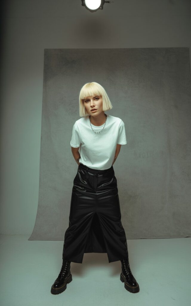 Studio editorial of a pale-skinned model with platinum blonde bob, standing against a textured grey wall. She’s wearing a black leather long skirt with a tucked white tee, chunky combat boots, and a chain necklace. Her expression is fierce, leaning slightly forward with hands in pockets. The lighting is stark and dramatic.