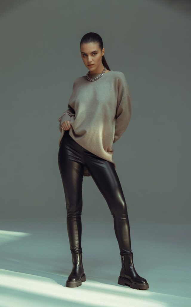 Studio full-body editorial with dramatic soft lighting. Model wears an oversized beige sweater half-tucked into black leather leggings. Black ankle boots and chunky chain necklace complete the look. Hair slicked back into ponytail. She stands tall, slightly leaning forward with a bold, edgy stare.