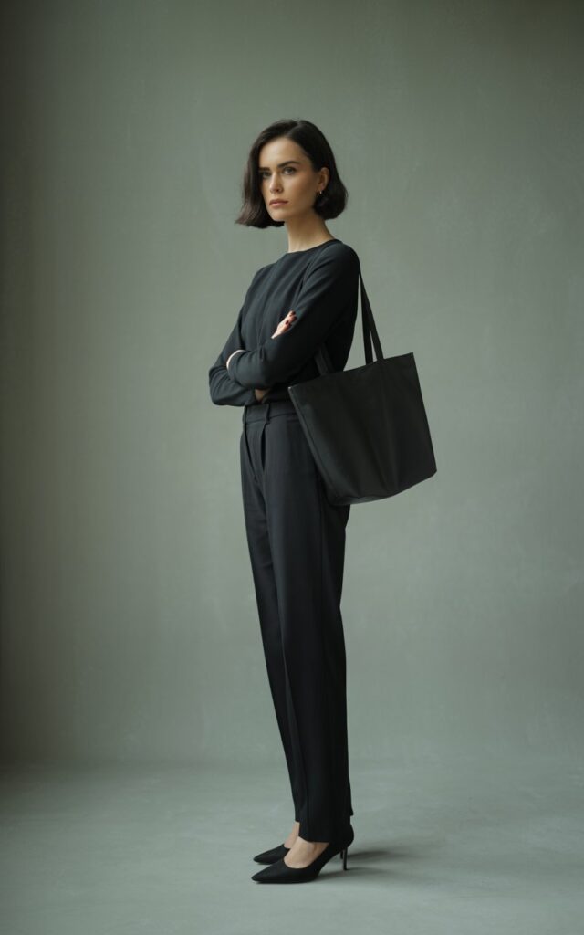 Studio full-body shot against a plain gray backdrop. Model wears an all-black outfit fitted long-sleeve top, sleek trousers, black heels. Accessories are minimal, just a leather tote. Hair styled in sharp straight look. Soft side-lighting emphasizes crisp lines as she stands strong with arms crossed.