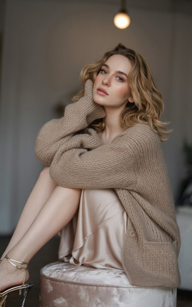 Studio setup with soft indoor lighting. Model in a chunky oversized cardigan draped loosely over a silky champagne slip skirt with nude strappy heels. Bare legs peeking as she’s seated elegantly on a stool. Hair tousled, makeup glowing. Expression relaxed, dreamy.