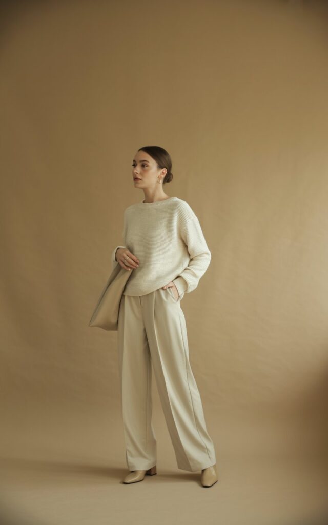 Studio shot with a warm beige backdrop. Model dressed in a cream knit sweater and matching wide-leg trousers, with nude mules and a beige structured tote. Hair in a polished bun. She stands tall with hands in pockets, expression calm and refined.