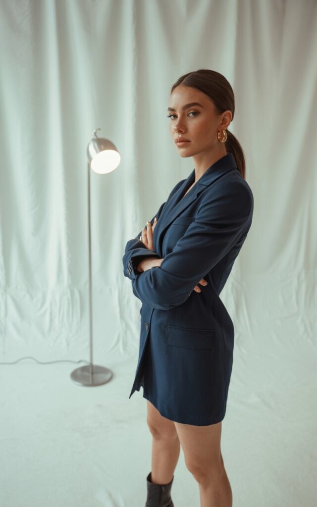 Studio with soft white backdrop. Model wears a tailored navy blazer dress with pointed-toe ankle boots, gold hoop earrings, and a sleek ponytail. Strong, confident stance with arms crossed. Bright studio lighting for a sharp editorial vibe.