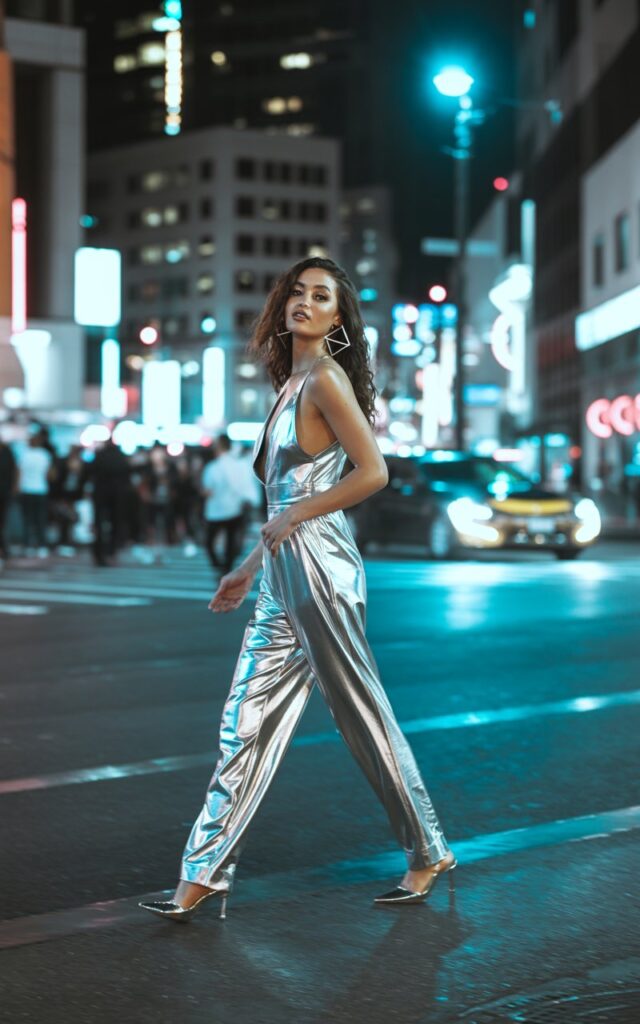 Tall brunette model in a chrome silver metallic jumpsuit with plunging neckline, oversized statement earrings, and pointed heels. Outdoor city street at night, neon lights reflecting on the pavement. She’s walking forward confidently, looking over her shoulder with a playful smirk.