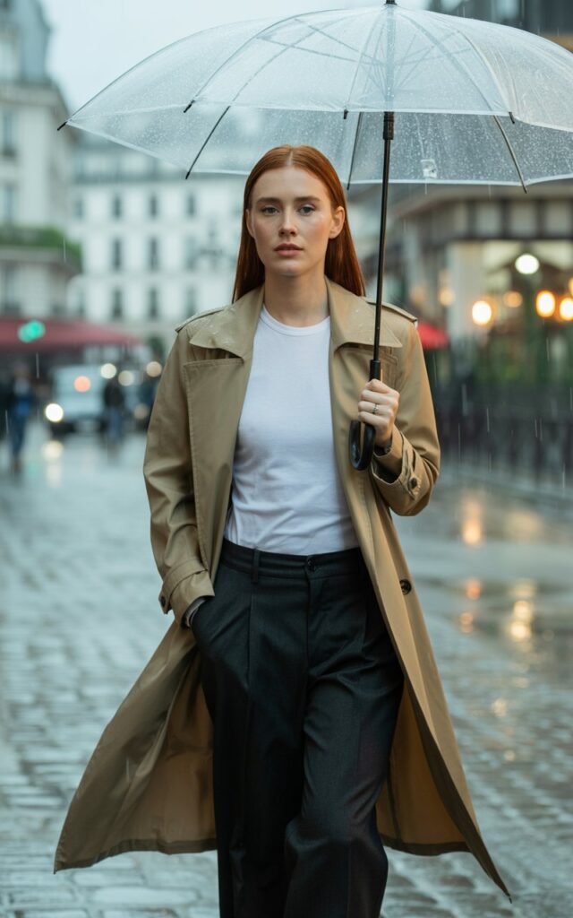 Tall redhead with straight hair, in a beige trench coat layered over white tee and black trousers. Shot in a rainy Parisian street, soft cloudy daylight. She’s walking with umbrella, elegant posture.