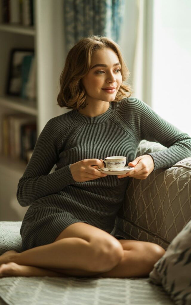 The model lounges against a soft linen couch in a cozy indoor living space. She wears a charcoal ribbed knit dress that fits snugly but feels comfortable. Her shoulder-length hair is styled in natural waves, and she wears soft, warm-toned makeup. The soft window light highlights the texture of the fabric and her skin. She sits cross-legged with a relaxed smile, exuding casual chicness.