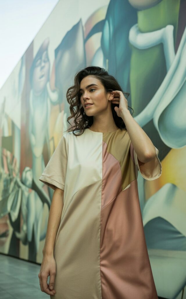 The model poses in front of a modern art mural painted with soft pastel hues. She wears a color-block shift dress in shades of cream and muted pink with geometric panels. Her hair is in loose waves, flowing naturally around her face. Soft daylight illuminates the space, creating gentle shadows. She stands with one hand brushing her hair back, smiling softly, looking comfortable and modern.