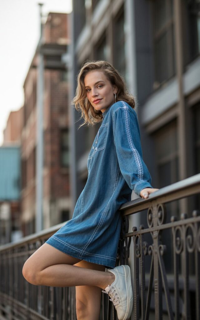 The model poses on a city sidewalk near industrial buildings wearing a blue denim dress with prominent stitching details along the seams. Her hair is loose and wavy, catching the soft afternoon light. She pairs the look with white sneakers and no jewelry. Her stance is casual, leaning lightly against a railing with a slight smile. The texture of the denim and stitching contrasts beautifully with the soft lighting.