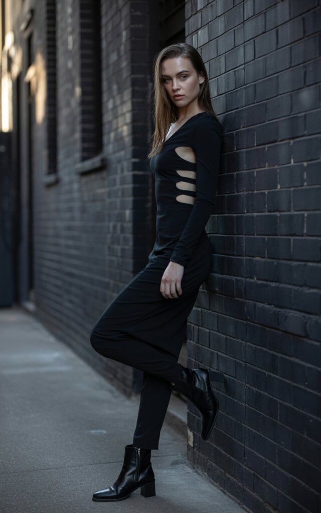 The model stands against a dark brick wall in an urban alley. She wears a black bodycon dress with small, strategically placed cut-outs along the sides. Her hair is styled in sleek, straight strands that fall past her shoulders. The soft evening light contrasts with the edgy outfit. She pairs it with ankle boots and no jewelry. Her pose is confident and bold, with a smirk and intense gaze.