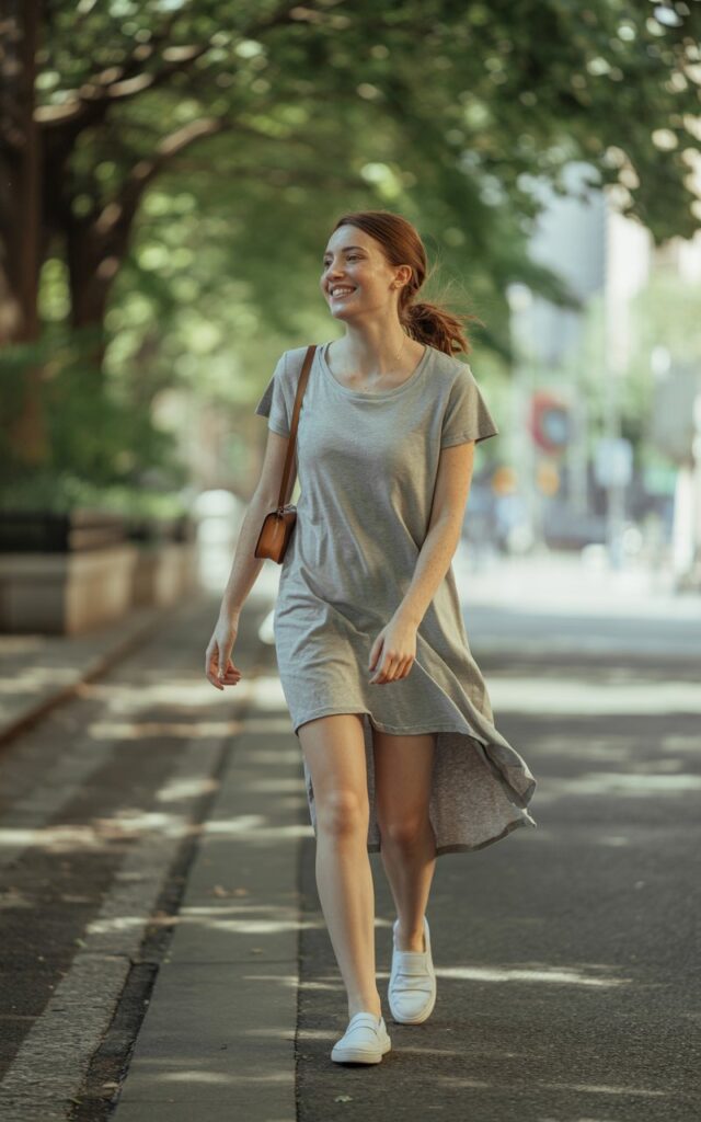 The model walks down a tree-lined city path wearing a grey cotton t-shirt dress with a high-low hem. Her hair is loosely tied back, and she wears white slip-on sneakers. The soft daylight filters through the leaves, highlighting her natural freckles and soft skin texture. She holds a small crossbody bag but wears no other accessories. Her expression is candid and joyful, mid-stride with one foot lifted.
