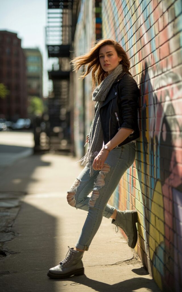 Urban alleyway with graffiti walls. Model wears a black leather biker jacket over a chunky gray scarf, ripped skinny jeans, and combat boots. Harsh midday sun with strong shadows. Hair windswept. Expression effortlessly cool, leaning against wall.