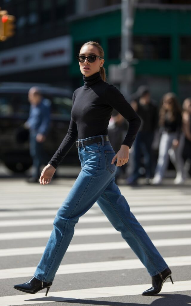 Urban full-body photo of a fit model striding down a busy crosswalk. She’s in a fitted black turtleneck tucked into high-waisted straight-leg blue jeans, cinched with a leather belt. Ankle boots elevate the look. Hair is slicked into a high ponytail, black sunglasses on. Bright daylight emphasizes sleek lines as she walks confidently with a slight smirk.
