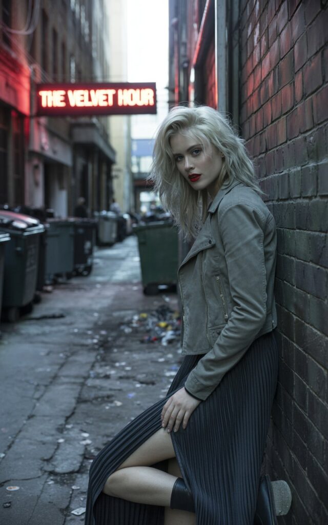 Urban grunge alley background. A model with icy blonde hair wears a pleated long black skirt, cropped moto jacket, ankle boots, and bold red lipstick. She’s leaning casually against a brick wall, arms crossed, with a cool smirk. The daylight is muted, emphasizing textures.