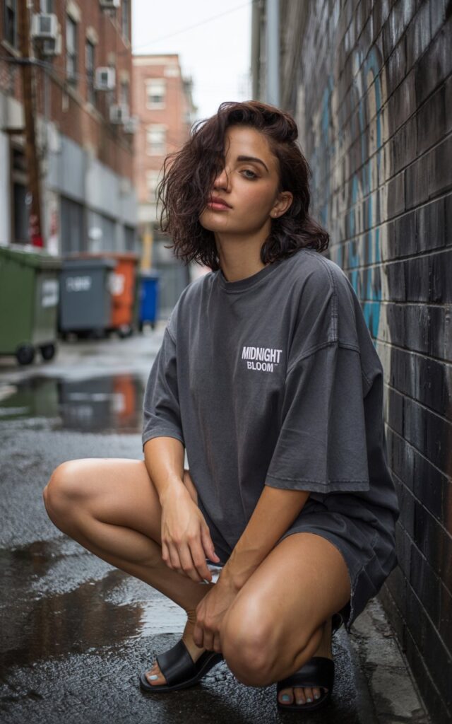 Urban grunge-style alleyway during daylight. Model wears an oversized graphic tee styled as a dress with black slides and messy hair. Makeup minimal with natural gloss. She leans against a wall with one knee bent, casual streetwear energy.